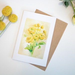 Gelbe Ranunkel Grußkarte | Aquarell Blumen Grußkarte | Minimalistisches Design | Blanko Karte für Geburtstage, Dankeschön und mehr