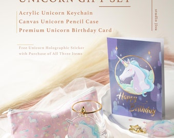 Unicorn Gift Set: Acrylic Keychain, Canvas Pencil Case, Birthday Card