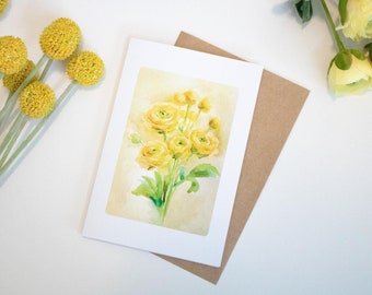 Watercolor Yellow Ranunculus Card | Minimalist Flower Note, Kraft Envelope
