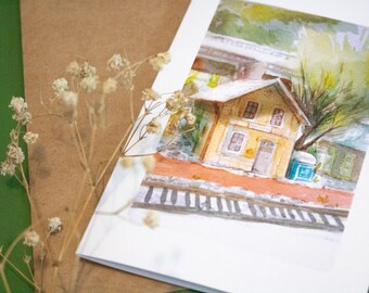 Watercolor Greeting Card | Vintage Post Office Illustration, Kraft Envelope