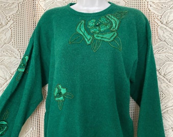 Wool Sweater Vintage Crew neck with appliqué and sequins