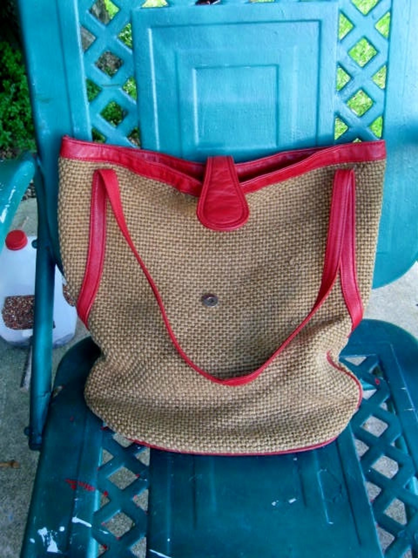 Vintage Straw Pocketbook With Red Leather Trim Shoulder Bag Etsy