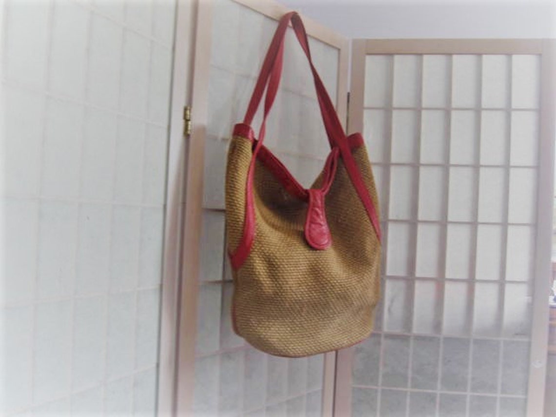 Vintage Straw Pocketbook With Red Leather Trim Shoulder Bag Etsy