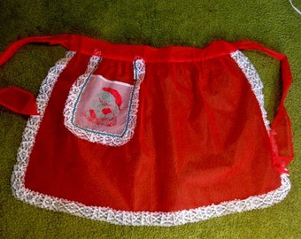 Vintage Red Christmas Apron with Kitty Claus Pocket