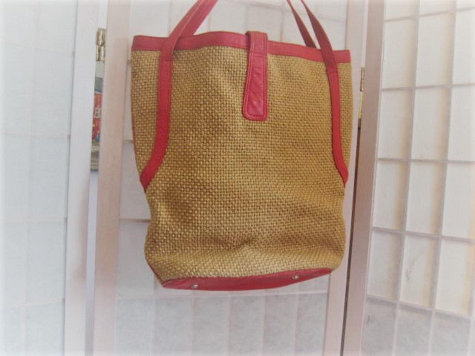 Vintage Straw Pocketbook With Red Leather Trim Shoulder Bag Etsy