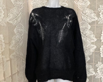 Black Batwing sweater Vintage Wool Blend with Applique Design