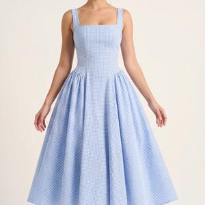PDF Digital sewing pattern. Square neck  summmer midi dress pattern. Easy beginner pattern 12 sizes: US 00-20, EU 30-52. Step by step easy sewing instructions. Sewing tutorial. Cotton dress pattern. Gingham dress pattern.