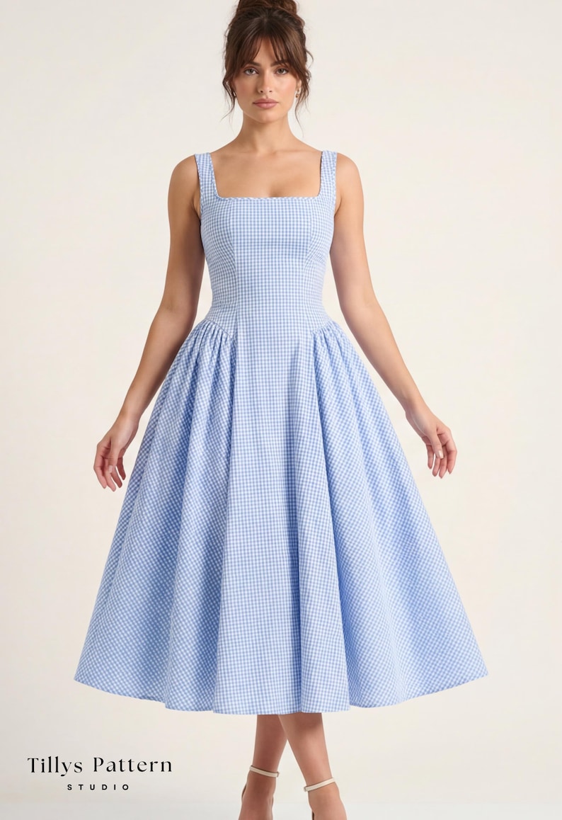 PDF Digital sewing pattern. Square neck  summmer midi dress pattern. Easy beginner pattern 12 sizes: US 00-20, EU 30-52. Step by step easy sewing instructions. Sewing tutorial. Cotton dress pattern. Gingham dress pattern.