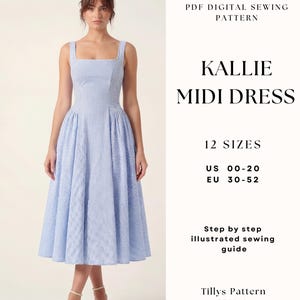 Midi Dress Sewing Pattern| Square Neck Dress Pattern|Side Gathered Dress| Prom Dress| Summer Dress| Sewing Tutorial| US 0-20