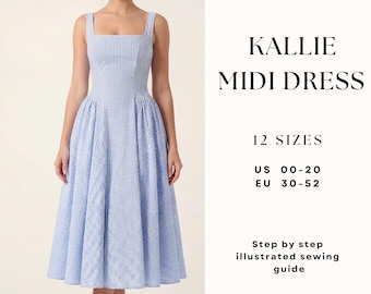 Midi Dress Sewing Pattern| Square Neck Dress Pattern|Side Gathered Dress| Prom Dress Pattern| Summer Dress| Sewing Tutorial| US 0-20