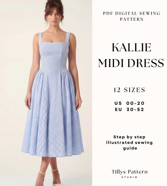 Midi Dress Sewing Pattern| Square Neck Dress Pattern|Side Gathered Dress| Prom Dress Pattern| Summer Dress| Sewing Tutorial| US 0-20