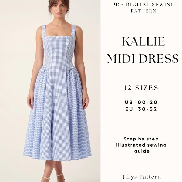 Midi Dress Sewing Pattern| Square Neck Dress Pattern|Side Gathered Dress| Prom Dress Pattern| Summer Dress| Sewing Tutorial| US 0-20