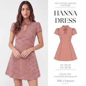 May include: A PDF digital sewing pattern for the Hanna Dress by Tilly's Pattern Studio. The design features a short-sleeved dress with a high collar, a front keyhole opening with ties, and a red and white gingham check pattern. US sizes 00-20.