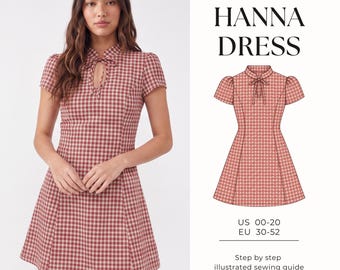 Mandarin Collar Dress Sewing Pattern| Tie Neck Fit and Flare Dress| Short Sleeve Mini Dress PDF Pattern|  Plus Size Sewing Pattern| US 0-20
