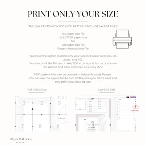 How to print only the size you need and save time and ink.                                                           
 1.A4 paper size pattern with layered sizes. 2. US Letter paper size pattern with layered sizes.  3. A0 paper size  pattern printable at a print shop with layered sizes
  4. Book of Instructions with detailed instructions for sizing, printing,                                                   cutting and an illustrated step-by step sewing guide