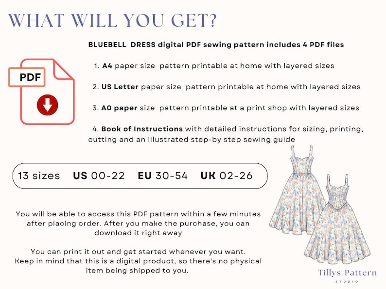 PDF Digital sewing pattern. Corset dress pattern. Easy beginner pattern 13 sizes: US 00-22, EU 30-54. Step by step easy sewing instructions. Layered sizes
Easy download.