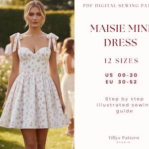 Op de afbeelding: Een witte mini-jurk met roze bloemenpatroon, sweetheart halslijn en strikbandjes. De afbeelding bevat tekst: "MAISIE MINI DRESS" en "12 MATEN", met US- en EU-maten. Een PDF digitaal naaipatroon.