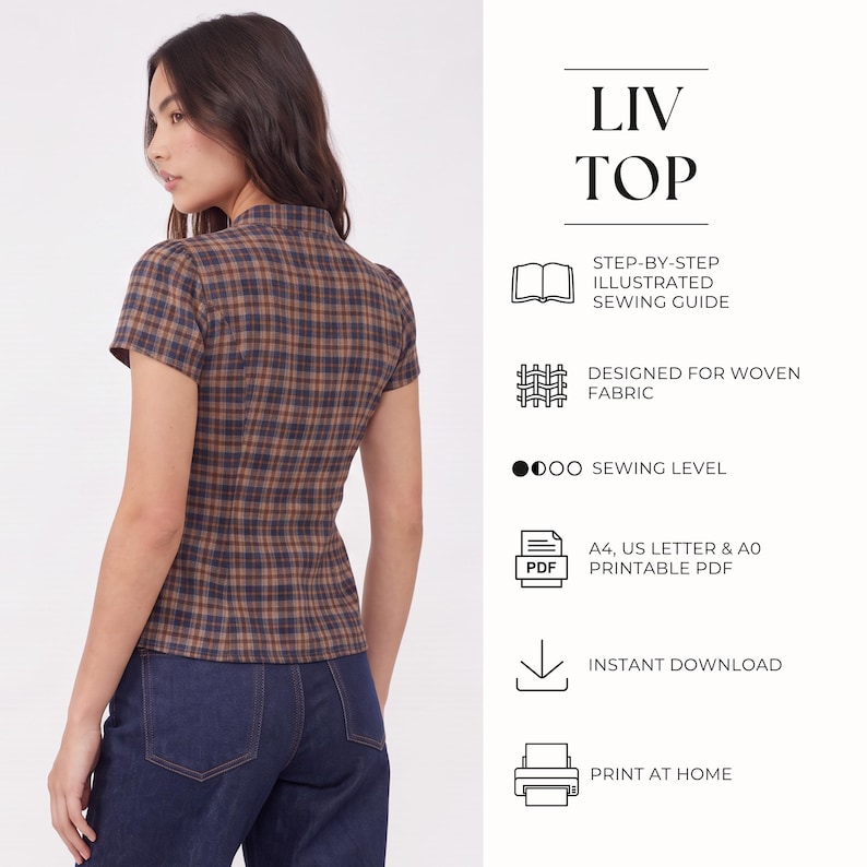 PDF Digital sewing pattern. Tie neck  top  pattern with mandarin collar. Easy beginner pattern 12 sizes: US 00-20, EU 30-52. Step by step easy sewing instructions. Sewing tutorial. Cotton top pattern. Linen  top pattern.