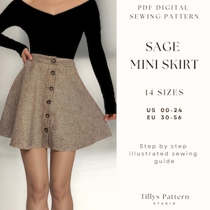 A-Line Mini Skirt Sewing Pattern: Beginner Button Skirt (US 00-24) (Digital Download)