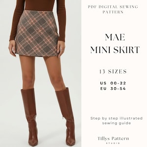 May include: A plaid mini skirt in shades of brown, gray, and peach is featured in this image. The skirt is part of a digital sewing pattern, with text indicating 13 sizes available, US 00-22 and EU 30-54. The image also includes a step-by-step sewing guide.