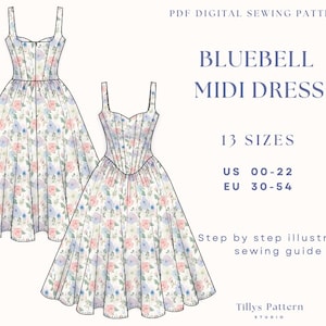 Corset Midi Dress Sewing Pattern| Midi Dress Pattern| Sweetheart Neck Dress| Wedding Dress| Prom dress | Drop Waist Dress| US 00-22
