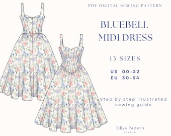 Corset Midi Dress Sewing Pattern| Midi Dress Pattern| Sweetheart Neck Dress| Wedding Dress| Prom dress | Drop Waist Dress| US 00-22