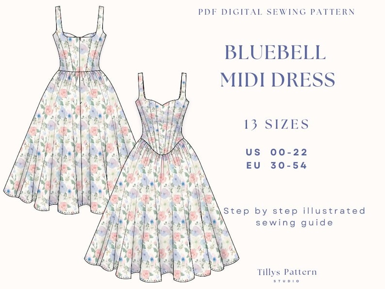 PDF Digital sewing pattern. Corset midi dress pattern. Easy beginner pattern 13 sizes: US 00-22, EU 30-54. Step by step easy sewing instructions. Sewing tutorial.