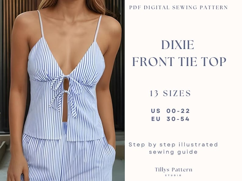 PDF Digital sewing pattern. Front tie top pattern. 13 sizes: US 00-22,EU 32-54. Step by step easy sewing instructions. Summer top easy pattern