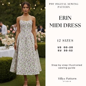 Peut inclure: Une robe midi sans bretelles à motif floral violet et vert sur fond blanc. La personne porte la robe dans un jardin. Le texte de l'image indique "ERIN MIDI DRESS" et "12 TAILLES". Il s'agit d'un patron de couture numérique.