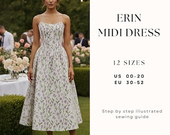 Midi Corset Dress Sewing Pattern| Tea-length Midi Dress | Overbust Corset Dress Pattern|  Wedding Dress| Plus Size Sewing Pattern| US 00-20