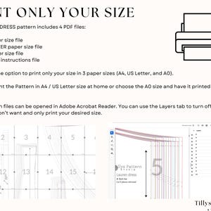 How to print only the size you need and save time and ink.                                                           
 1.A4 paper size pattern with layered sizes. 2. US Letter paper size pattern with layered sizes.  3. A0 paper size  pattern printable at a print shop with layered sizes
  4. Book of Instructions with detailed instructions for sizing, printing,                                                   cutting and an illustrated step-by step sewing guide