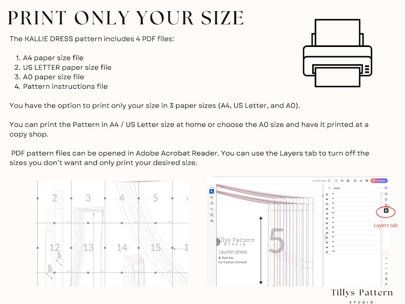 How to print only the size you need and save time and ink.                                                           
 1.A4 paper size pattern with layered sizes. 2. US Letter paper size pattern with layered sizes.  3. A0 paper size  pattern printable at a print shop with layered sizes
  4. Book of Instructions with detailed instructions for sizing, printing,                                                   cutting and an illustrated step-by step sewing guide