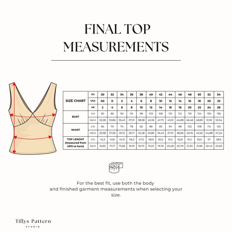 Final dress measurements chart