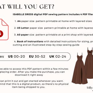 PDF Digital sewing pattern. Maxi dress pattern. Easy beginner pattern 12 sizes: US 00-20, EU 30-52. Step by step easy sewing instructions. Sewing tutorial. Evening gown with slit digital pattern. The Christel maxi dress digital PDF sewing pattern package includes 4 PDF files:A4 paper size pattern for home printing, US paper size pattern for home printing, A0 paper size pattern for print shop printing and Pattern instructions file