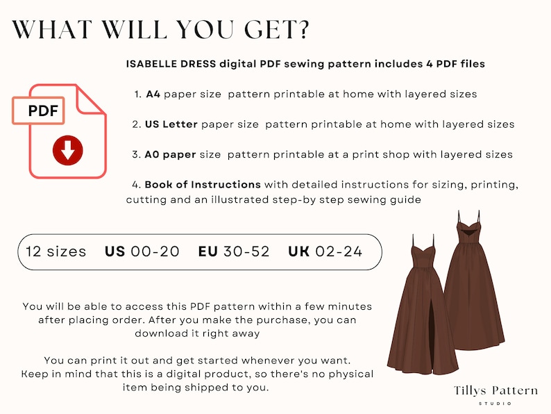 PDF Digital sewing pattern. Maxi dress pattern. Easy beginner pattern 12 sizes: US 00-20, EU 30-52. Step by step easy sewing instructions. Sewing tutorial. Evening gown with slit digital pattern. The Christel maxi dress digital PDF sewing pattern package includes 4 PDF files:A4 paper size pattern for home printing, US paper size pattern for home printing, A0 paper size pattern for print shop printing and Pattern instructions file
