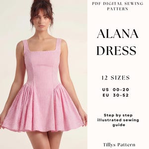 Patrón de costura para minivestido/ Patrón de vestido con escote cuadrado/ Minivestido de fiesta/ Vestido de verano/ Tutorial de costura/ Tallas 0-22 de EE. UU.