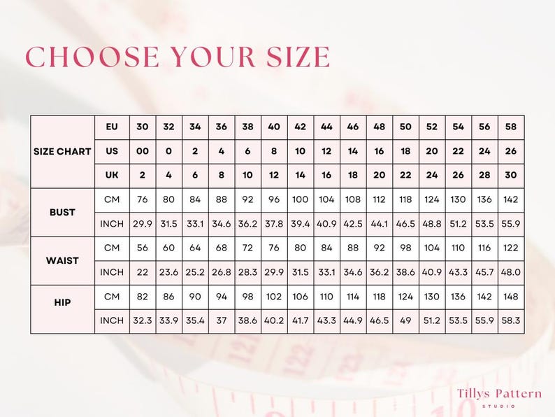 Size chart. US 00-20, EU 30-52, UK 2-24