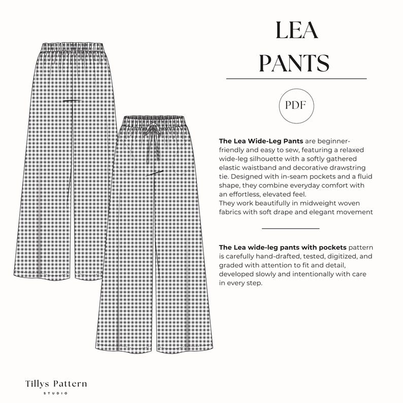 The Lea Wide-Leg Pants are beginner-friendly and easy to sew, featuring a relaxed wide-leg silhouette with a softly gathered elastic waistband and decorative drawstring tie. Designed with in-seam pockets and a fluid shape, they combine everyday comfort with an effortless, elevated feel.
They work beautifully in midweight woven fabrics with soft drape and elegant movement