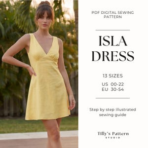 Patron de couture pour robe nuisette courte | Robe à col V coupée en biais | Patron de couture grande taille | Robe d'été | Robe en lin | Tutoriel de couture | Tailles US 0-22