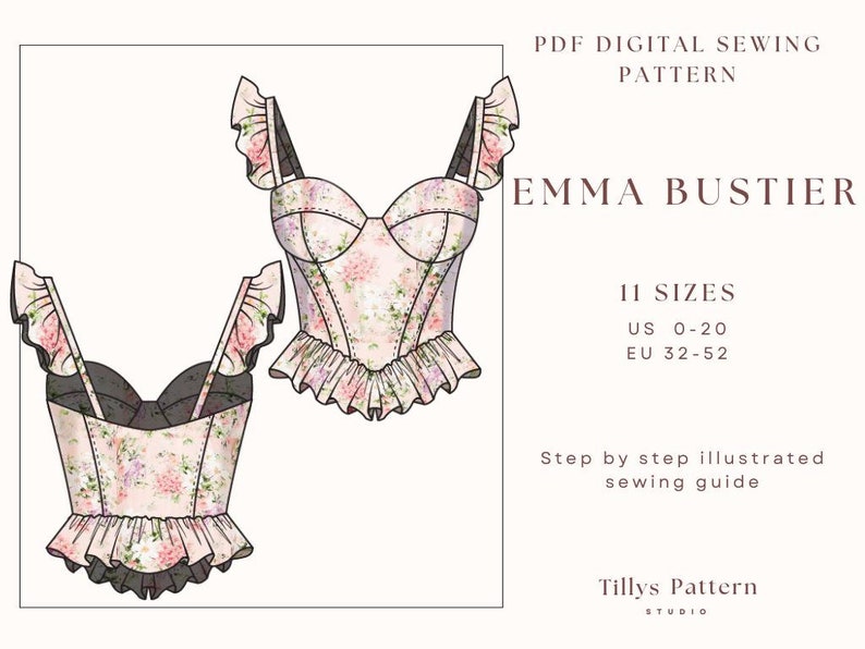 PDF Digital sewing pattern.Bustier pattern. 11 sizes: US 0-20,EU 32-52. Step by step easy sewing instructions.