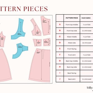List of pattern pieces of Giselle satin dress
