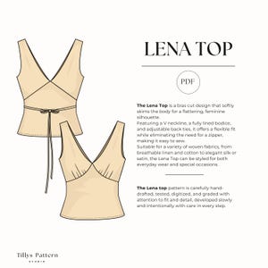 The Lena Top is a bias cut design that softly skims the body for a flattering, feminine silhouette. 
Featuring a V neckline, a fully lined bodice, and adjustable back ties, it offers a flexible fit while eliminating the need for a zipper, making it easy to sew.
Suitable for a variety of woven fabrics, from breathable linen and cotton to elegant silk or satin, the Lena Top can be styled for both everyday wear and special occasions.