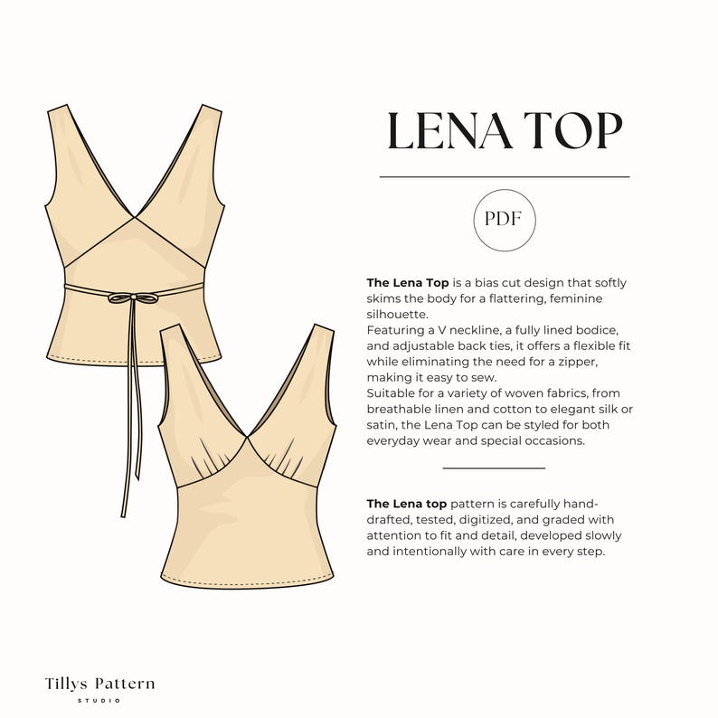 The Lena Top is a bias cut design that softly skims the body for a flattering, feminine silhouette. 
Featuring a V neckline, a fully lined bodice, and adjustable back ties, it offers a flexible fit while eliminating the need for a zipper, making it easy to sew.
Suitable for a variety of woven fabrics, from breathable linen and cotton to elegant silk or satin, the Lena Top can be styled for both everyday wear and special occasions.