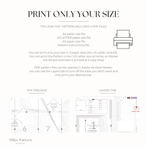 How to print only the size you need and save time and ink.                                                           
 1.A4 paper size pattern with layered sizes. 2. US Letter paper size pattern with layered sizes.  3. A0 paper size  pattern printable at a print shop with layered sizes
  4. Book of Instructions with detailed instructions for sizing, printing,                                                   cutting and an illustrated step-by step sewing guide