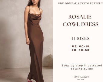 Cowl Neck Slip Dress Sewing Pattern: Evening Back-Tie Gown (US 00-18) (PDF Pattern)