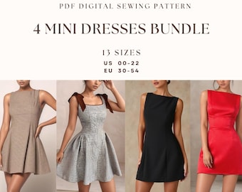Mini Dress Sewing Pattern Bundle| Boat Neck Mini Dress| A-Line Mini Dress| Square Neck Dress| US 00-22| Beginner sewing pattern| Prom Dress