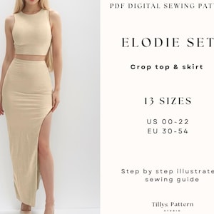 Puede incluir: Un conjunto beige de top corto y falda a juego con una abertura lateral. El conjunto está disponible en 13 tallas, de la 00 a la 22 US y de la 30 a la 54 EU. La imagen incluye el texto "Elodie Set", "Crop top & skirt", "13 Sizes", "US 00-22", "EU 30-54", "Step by step illustrated sewing guide" y "Tillys Pattern Studio".