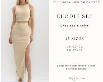 Crop Top and Slit Skirt Sewing Pattern XXS-4XL, Summer Tank Top set  (Digital PDF)