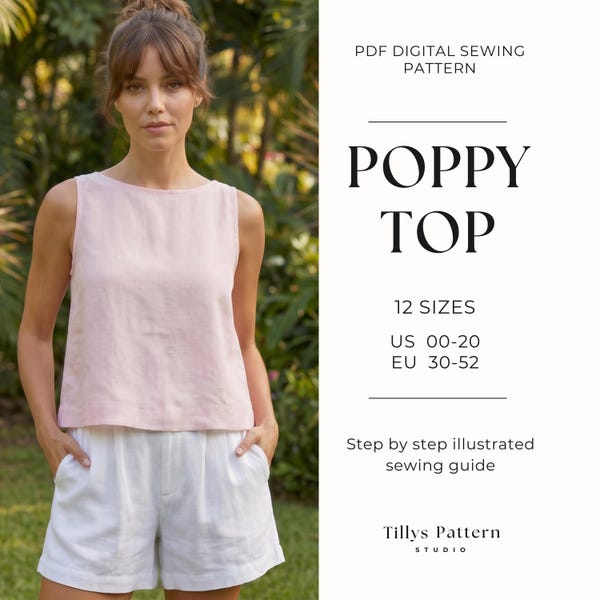 Easy Tank Top Sewing Pattern| Sleeveless Top| Linen Top Pattern| Summer Top| Loose Top| Sewing Tutorial| US 0-20