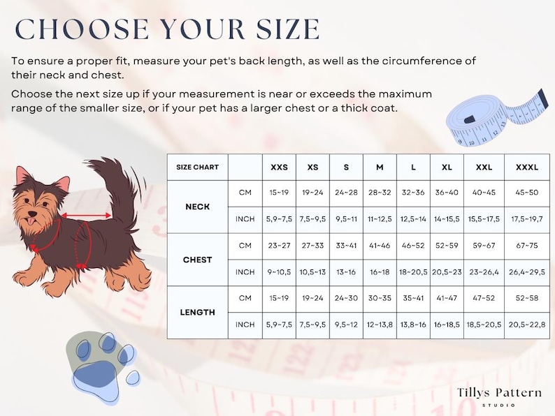 Size chart small, medium and big dogs